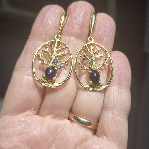 Opal & Sapphire Tree of life sterling & gold earrings - Picture 6 of 9